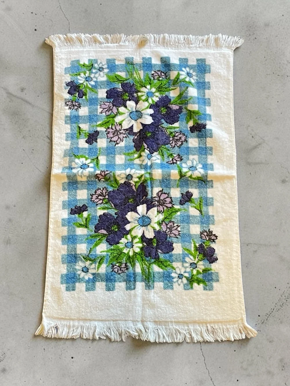 Vintage 1970s Floral Gingham Hand Towel Blue Purple Fringed Cottagecore 24x15